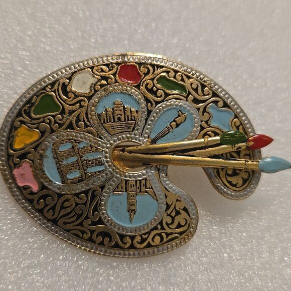 Damascene Pin Brooch Artist Palette Paint Brushes Vintage Enamel Spain - Picture 2 of 11